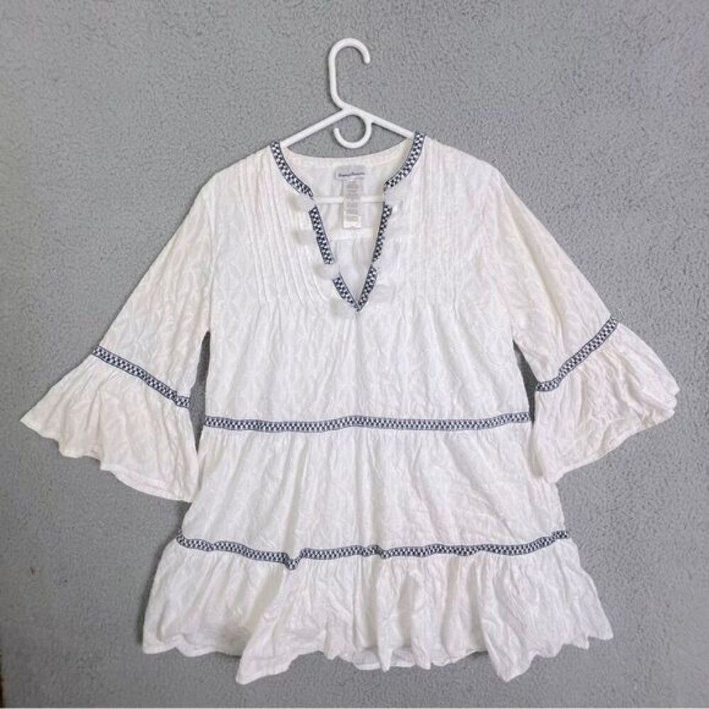 TOMMY BAHAMA WOMENS EMBROIDERED COTTON TIERED TUNIC WHITE WITH BLUE TRIM SIZE M - Picture 10 of 10